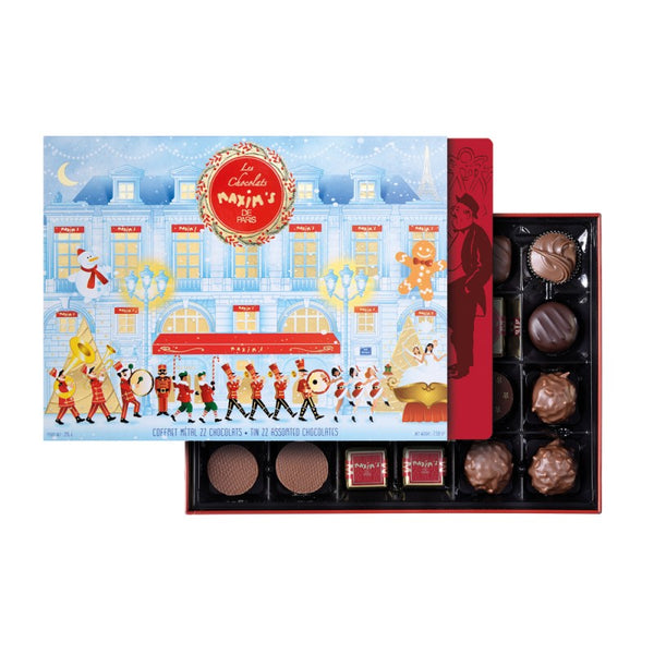 MAXIMS RED TIN - 22 ASSORTED CHOCOLATES WITH CHRISTMAS SLEEVE